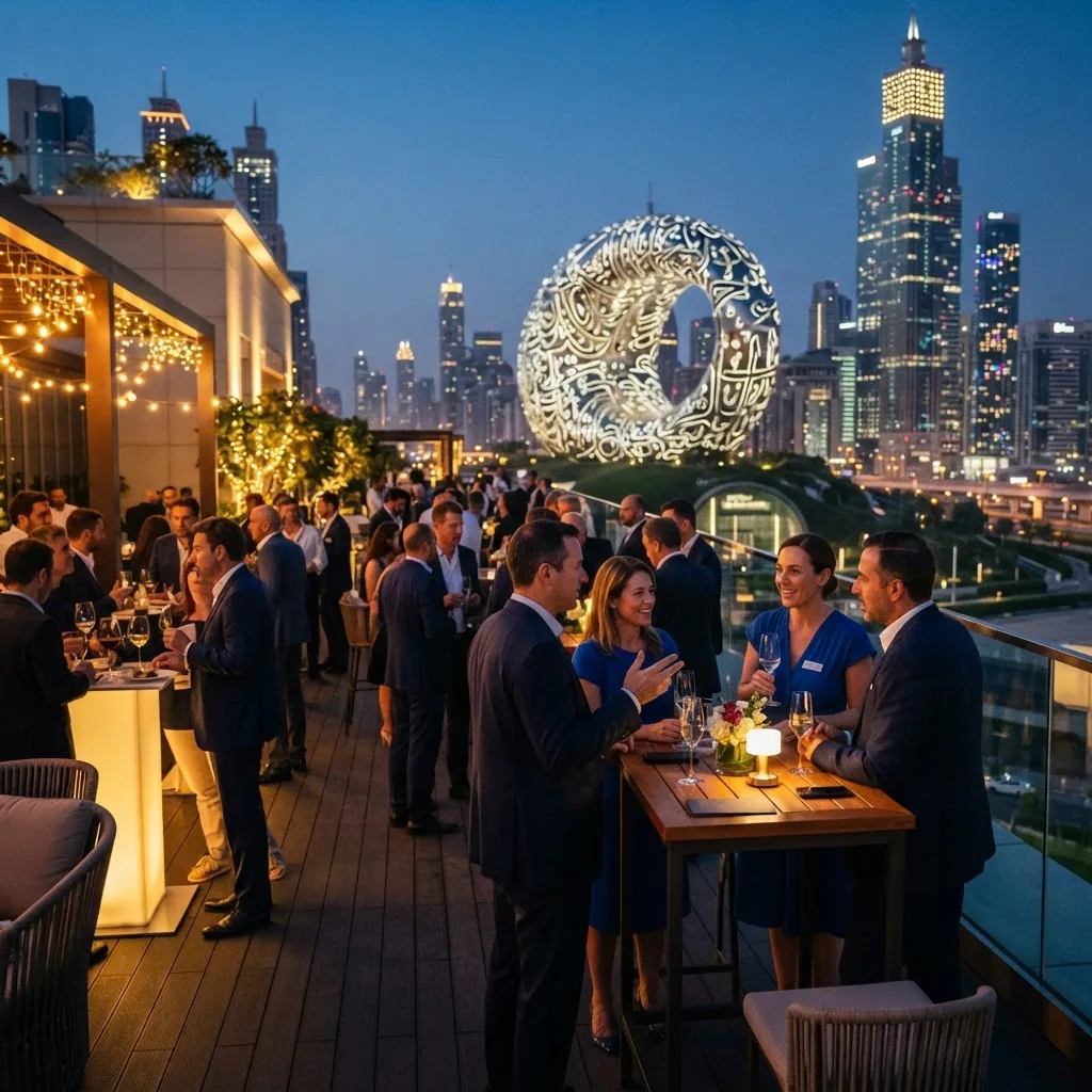 Closing reception at dusk with the Museum of the Future and Dubai skyline